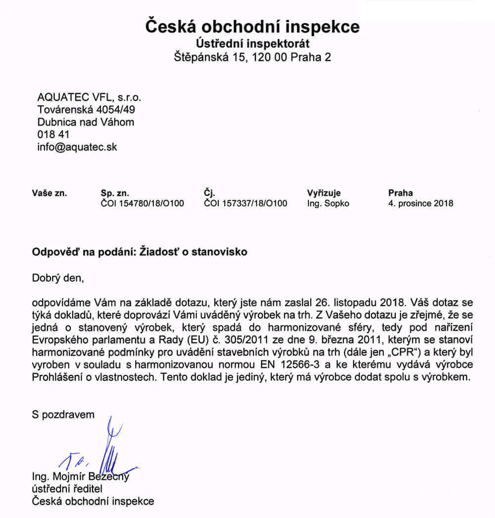  Prohlášení o vlastnostech je jediným relevantním dokladem o certifikaci domovních čistíren odpadních vod.